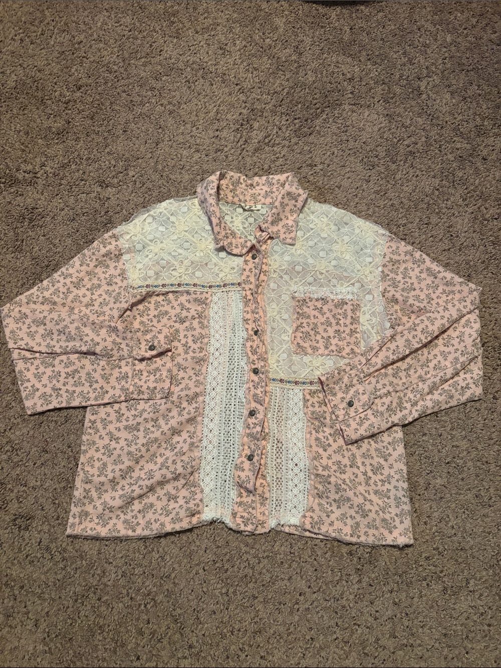 POL Pink Floral Lace-Trim Button-Up Blouse S M
